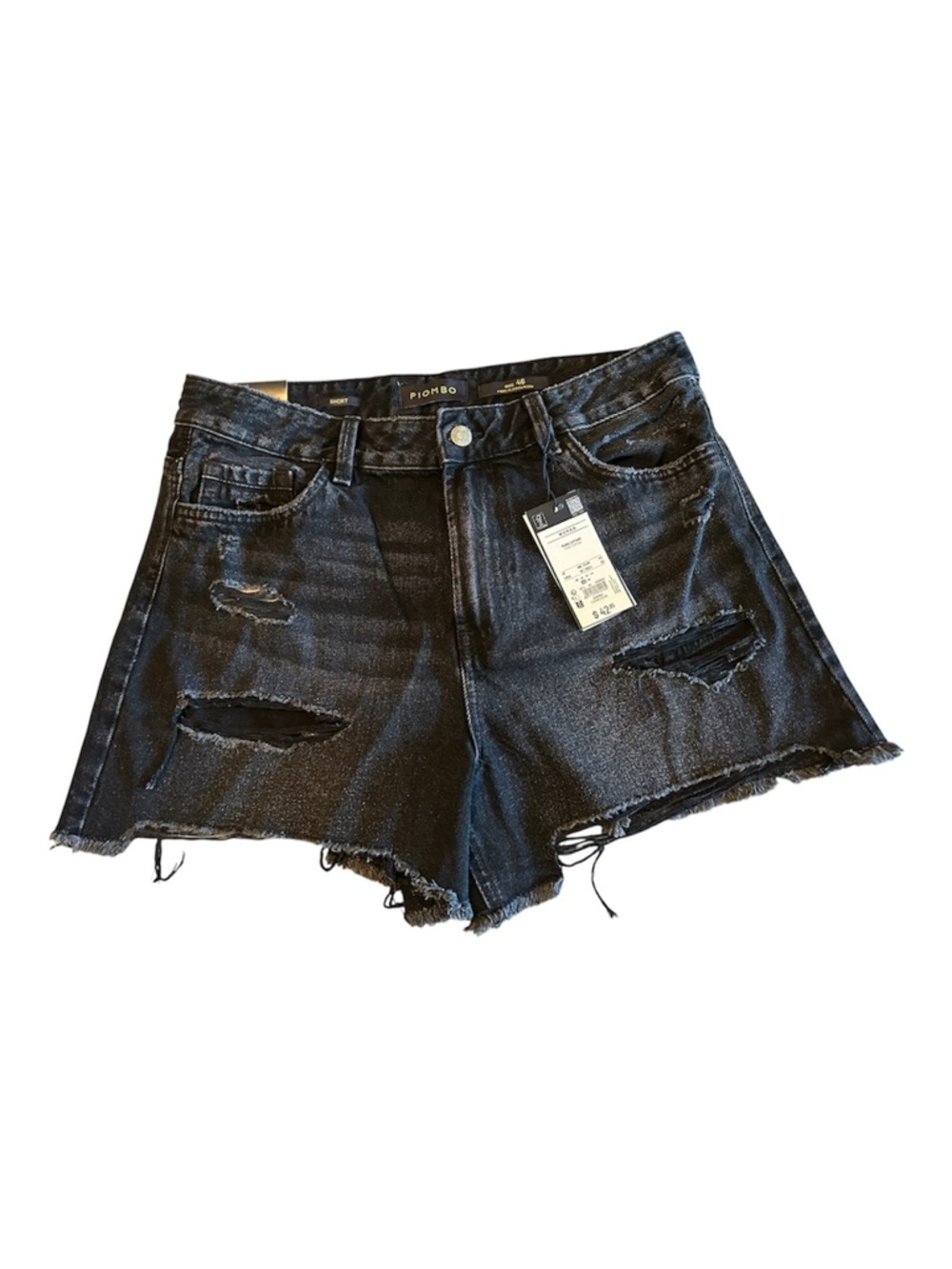 Piombo Black Distressed Jean Shorts with Frayed Hem